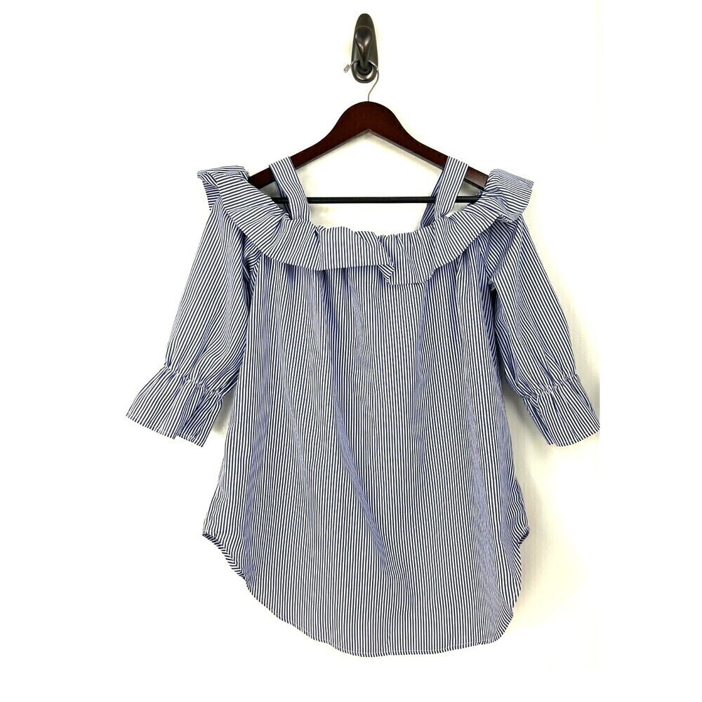 Janet Chung Womens Size L Blouse Blue White Striped Off Shoulder Ruffle Top H2 - Picture 6 of 12
